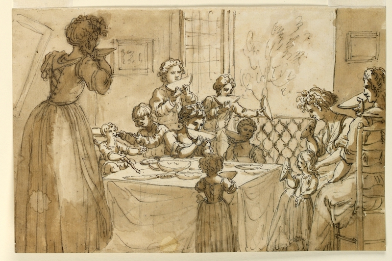 n a room with the window opened into a landscape, gathered around a dining table, are two seated women, a grown-up girl, and eight children eating slices of melons.